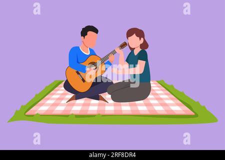 Cartoon flaches Zeichnen romantisches Paar Liebhaber hat Picknick im Naturpark. Ein glücklicher Mann, der Gitarre spielt, ein hübsches Mädchen, das zuhört und singt Stockfoto