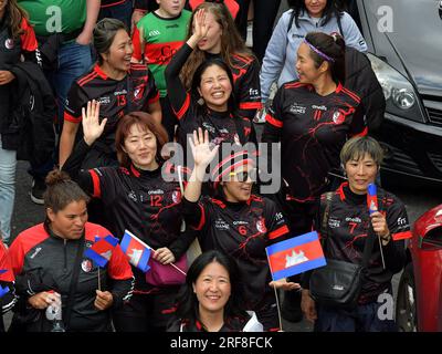 Spieler aus Japan, die an den GAA World Games 2023 teilnehmen, nehmen an der Eröffnungsparade in Derry, Nordirland, Teil. Foto: George Sweeney/Alamy Stockfoto