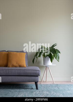 Ein Wohnzimmer mit einem Sofa und Kissen und einem kleinen Tisch mit einer Pflanze. Stockfoto