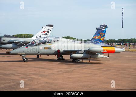 Italienischer Air Force Aermacchi MB-339 Jet mit speziellem 213. Gruppo Volo 'i Verdi-Schwanz zur Feier des 75. Jubiläums von Scuolo di Volo dellÁeronautica Stockfoto