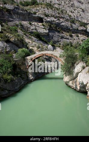 Noguera Pallaresa Mittelflussstrecke in Terradets mit einer mittelalterlichen Brücke. Lleida, Katalonien, Spanien. Stockfoto