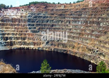 RioTinto Minen. Corta Atalaya ist eine Tagebaumine, oberflächennahe Bergbautechnik für die Mineralgewinnung. RioTinto ist eine Minerallagerstätte aus Chalkopyrit und Stockfoto