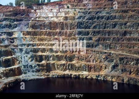 RioTinto Minen. Corta Atalaya ist eine Tagebaumine, oberflächennahe Bergbautechnik für die Mineralgewinnung. RioTinto ist eine Minerallagerstätte aus Chalkopyrit und Stockfoto