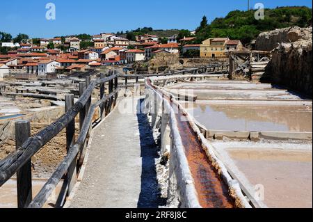Salzverdampfbecken, Salzwerke oder alternative Anlagen sind künstliche Teiche, die zur Extraktion von Salzen für die Wasserverdampfung bereit sind. Die Ausbeutung von Salinas de Añana Stockfoto