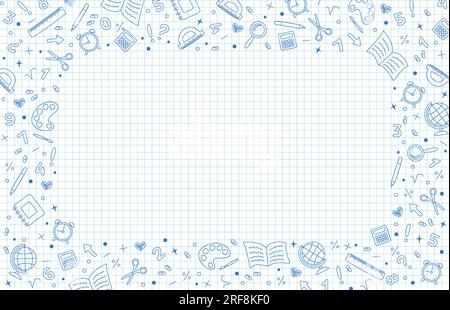 Weißer Diagrammhintergrund mit Rahmen aus blauen handgezeichneten Symbolen für Schulpapier. Schulhintergrund mit Kopierraum. Vektordarstellung Stock Vektor