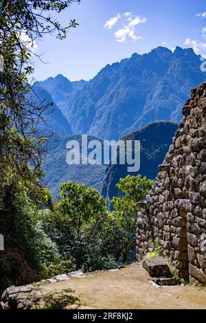 Mauerwerk aus trockenem Stein, Inka-Ruinen von Machu Picchu, Peru, Südamerika Stockfoto