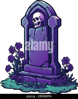 vektorfriedhof, Grabstein und Grabstein. GRABSTEIN MIT Skelettvektordarstellung auf weißem Hintergrund ZERSCHNEIDEN. Stock Vektor