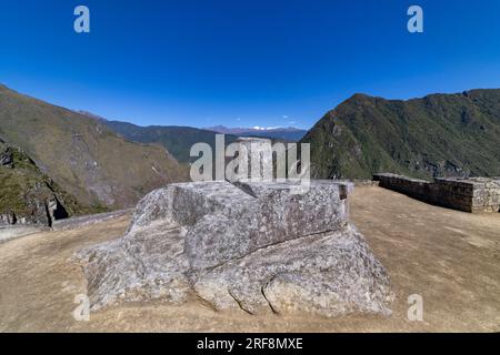 Intihuatana, Inka-Ruinen von Machu Picchu, Peru, Südamerika Stockfoto