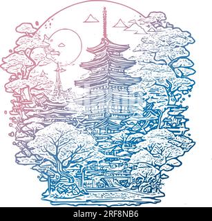 Japanisches Temple-Vector-Illustrations-T-Shirt-Design Stock Vektor