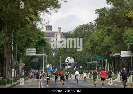 Menschen laufen, laufen und fahren Fahrräder auf dem Paseo de la Reforma Avenue an einem Sonntag in Mexiko-Stadt, mit Chapultepec Castle im Hintergrund Stockfoto