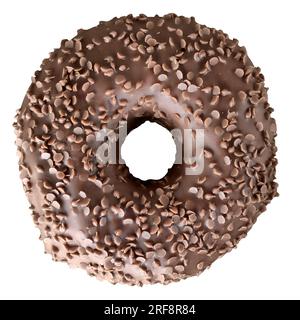 Schneiden Sie Donut mit Schokoladenglasur, garniert mit kleinen weißen Schokoladenstückchen. Stockfoto