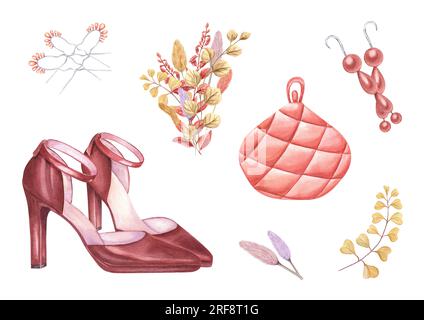 Set mit Party- oder Hochzeitszubehör. Kupplung, weibliche Lederschuhe mit hohen Absätzen, Perlhaarnadeln, Ohrringe, Blumenstrauß. Aquarelldarstellung Stockfoto