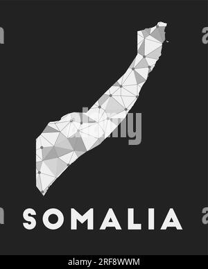 Somalia - Karte des Kommunikationsnetzes des Landes. Somalia: Trendiges geometrisches Design auf dunklem Hintergrund. Technologie, Internet, Netzwerk, Telekommunikation c Stock Vektor