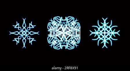 schneeflocke leuchtende Desktop-Ikone, Neon-Aufkleber, Neon-Figur, leuchtende Figur, geometrische Neon-Figuren Stockfoto