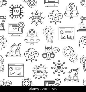 Nahtloses RPA-Muster. Roboterprozessautomatisierung, Geschäftsmanagement und Verbesserungstechnologie skizzieren nahtlosen Vektorhintergrund oder Hintergrundbild mit Roboterhänden, Computerchip und Förderband Stock Vektor