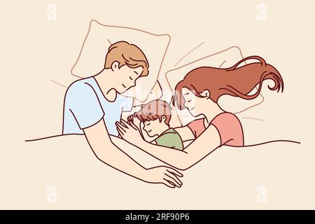 Glückliches Familienpaar mit Kind schläft im Bett und lächelt, genießt gesunden Schlaf und stellt nach einem harten Arbeitstag Kraft wieder her. Familie von Mann und Frau, die schlafenden Sohn umarmen, der unter der Decke liegt Stock Vektor