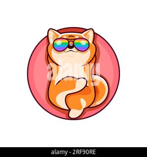 Cartoon, fröhliche shiba inu Hundefigur, süßes Kawaii-Haustier. Isolierte, kühle Tiere tragen Regenbogen-Sonnenbrille auf dem Rücken mit Pfoten über dem Kopf. Hundewelpe, die sich auf dem Bett entspannt Stock Vektor