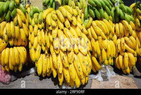 Bananenstücke auf einem lokalen Markt in Ecuador. Stockfoto