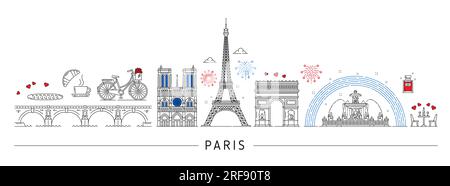 Die Silhouette von Paris und Frankreich reisen durch Wahrzeichen der Skyline, Vektorstadtarchitektur. Berühmte französische Symbole und Pariser Gebäude wie Eiffelturm, Triumphbogen und Kathedrale Notre-Dame mit Baguette Stock Vektor