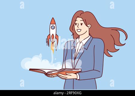 Geschäftsfrau in der Nähe von Raketen, die aus dem Buch abhebt, symbolisiert die Entwicklung eines Unternehmens oder eine erfolgreiche Karriere in einem großen Unternehmen. Woman startet Start-up, um Weltraumtourismus und Orbit-Touren zu entwickeln Stock Vektor