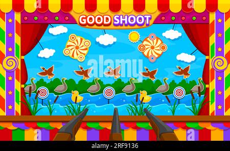 Karnevalsspiel, Spielstand im Vergnügungspark. Cartoon-Vektor-Entenjagd-Jahrmarkt oder Zirkusfotografie auf dem Messegelände. Kleiner Stand mit drakevögeln, Zielen, Teich mit Wellen und Gewehrwaffen in Reihe Stock Vektor
