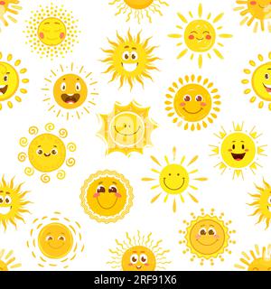 Sun Charaktere nahtloses Muster, Cartoon lächelnde Sonnenseiten, Vektorhintergrund. Sommermuster mit fröhlichen süßen und lustigen Emoji-Gesichtern und sonnigen Lächeln oder fröhlichen, glänzenden Emoticons im Hintergrund Stock Vektor