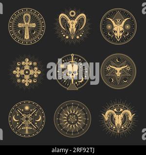 Okkultes und esoterisches Pentagramm, magische Tarotsymbole. Vektorzeichen von Ankh-Kreuz und Pyramide. Okkultismus alle sehen Augensymbol, Baphomet Schädel und himmlische Mondritualzeichen mit esoterischen Heptagrammen Stock Vektor