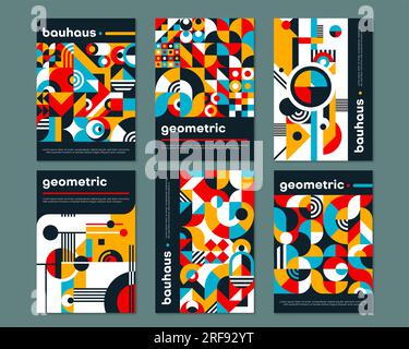Bauhaus-Poster, geometrische abstrakte Muster. Promo-Flyer-Seite des Unternehmens mit Bauhaus-Elementmuster, Event-Flyer-Design, geometrische Formen, Deckblattvorlage für Geschäftspräsentationen Stock Vektor