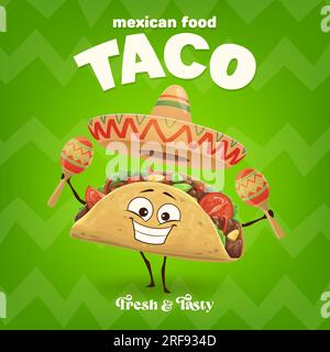 Comic-mexikanischer Taco-Musiker in Sombrero. Vektorbanner mit fröhlichem Tex-Mex-Food-Charakter mit einer bunten Mariachi-Mütze, die Maracas spielt und eine lustige und festliche Atmosphäre und Melodien verleiht Stock Vektor