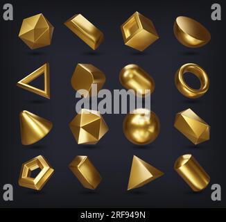 Realistische 3D goldene mathematische geometrische Formen. Vektorsatz aus Würfel, Zylinder und Ring, Oktaheder, Kegel, Pyramide, Parallelepipiert. Quadratisches, sechseckiges und fünfeckiges Prisma, Dodekaeder, Ikosaeder, Pyramide Stock Vektor