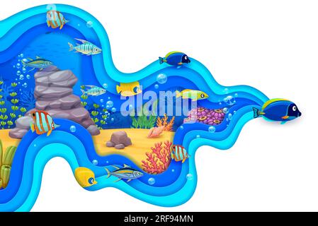 Meerespapierschnitt in Unterwasserlandschaft mit tropischen Fischen. Cartoon-Vektor Unterwasserwelt Hintergrund mit bunten oder verspielten Unterwasserwelt Kreaturen in einem 3D-schichtigen Rahmen in Form eines Wasserflusses Stock Vektor