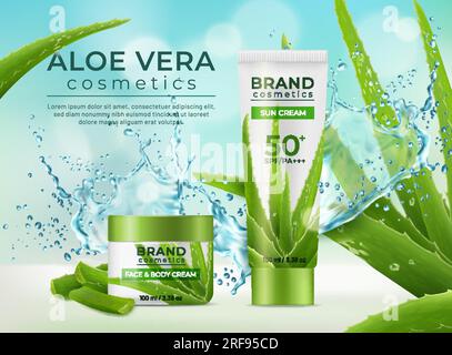 Grüne Aloe Vera-Kosmetik mit Wasserspritzer, Pflanzen- und Cremeflasche. Hautpflege, Schönheits- und Kräutermedizin. Vektorbanner mit realistischer 3D-mm-Sonnenschutzröhre und Becher zur Pflege von Gesichts- und Körperhaut Stock Vektor