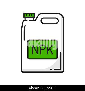 Farbleitsymbol für Boden-NPK-Dünger Landwirtschaft. Vektorsymbol für Boden- und Erntedüngung mit Stickstoff-, Phosphor- und Kaliumkanister. Zeichen für Landwirtschaft oder Landwirtschaft, Piktogramm mit dünner Linie Stock Vektor
