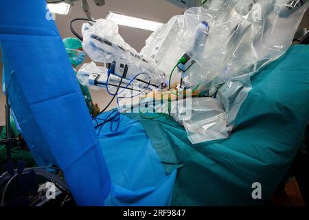 Hysterektomie im Operationssaal eines Krankenhauses mit einem Roboterchirurgen. Stockfoto