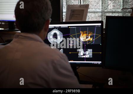 Ein Radiologe beobachtet einen CT-Scan des zur Implantatplatzierung geplanten Kiefers. Stockfoto