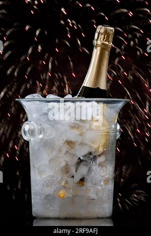 Eine Flasche Champagner in einem Eiskübel. Stockfoto