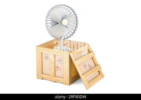 Tischventilator in Holzkiste, Lieferkonzept. 3D-Rendering auf weißem Hintergrund isoliert Stockfoto