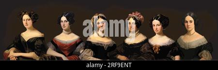 US First Ladies von 1829-1842: (Von links nach rechts) Emily Donelson, Sarah Jackson, Sarah Van Buren, Anna Harrison, Jane Harrison, Letitia Tyler Stock Vektor