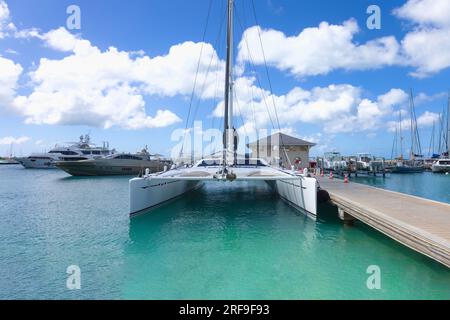 Saint Martin, Marigot Ufer Fort Louis Yachthafen mit Yachten und Wassersportaktivitäten. Stockfoto