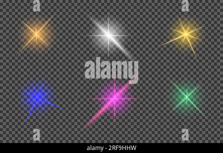 Ein Satz realistischer Lichtreflexionen, hervorheben. Eine Sammlung wunderschöner, heller Lichtreflexionen. Lichteffekte des Blitzes. Silberner Glitzer glänzende Sterne, glühende Stock Vektor
