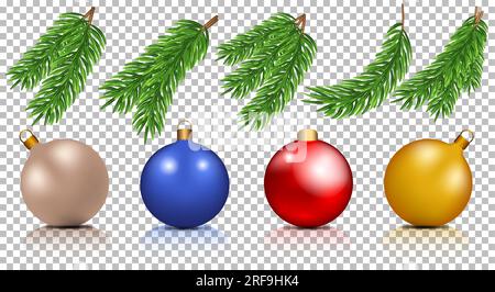 Tannenzweige und weihnachtsbälle mit Schatten und Reflexion, weihnachtsbaumzweige. Universelles Set für Postkarten, Werbung, Flyer Stock Vektor