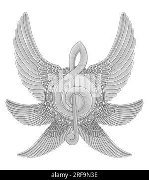 Musiknote mit sechs Flügeln und Blumenverzierung, Vektorgravierung im Vintage-Stil Stock Vektor