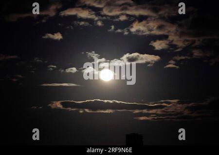 Berlin, Deutschland. 01. Aug. 2023. Zwischen Wolken kann man den Vollmond am Abend über dem Tempelhofer Feld sehen. Kredit: Carsten Koall/dpa/Alamy Live News Stockfoto