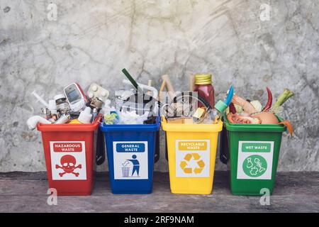 Das Konzept der Abfallklassifizierung für das Recycling. Sammlung von Abfallbehältern mit verschiedenen Arten von Müll, getrennt nach der Farbe von Stockfoto