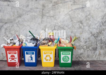 Das Konzept der Abfallklassifizierung für das Recycling. Sammlung von Abfallbehältern mit verschiedenen Arten von Müll, getrennt nach der Farbe von Stockfoto