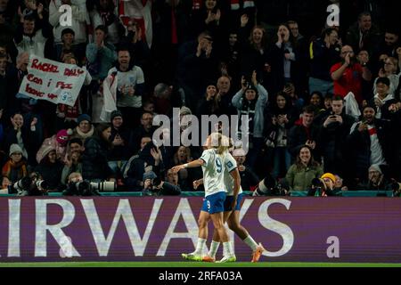 Adelaide, Aus. 01. Aug. 2023. Adelaide, Australien, August 1. 2023: Rachel Daly (9 England) und Lauren James (7 England) feiern Englands viertes Tor beim FIFA Frauen-Weltmeisterschaftsspiel der Gruppe D 2023 zwischen China PR und England im Hindmarsh Stadium in Adelaide, Australien. (NOE Llamas/SPP) Guthaben: SPP Sport Press Photo. Alamy Live News Stockfoto