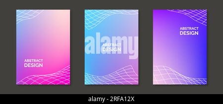 Abstrakter verlaufender Hintergrund mit welligen Rasterelementen. Set aus farbenfrohen Designvorlagen für Poster, Banner, Broschüren, Flyer, Cover. Flüssige Tapetenpackung in kräftigem Pink, Blau und Violett. Vektor Stock Vektor