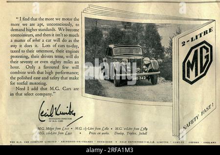 Eine 1938 erschienene Werbeanzeige für MG-Kraftfahrzeuge, unterzeichnet von Cecil Kimble, einschließlich des MG 2 Liters Stockfoto