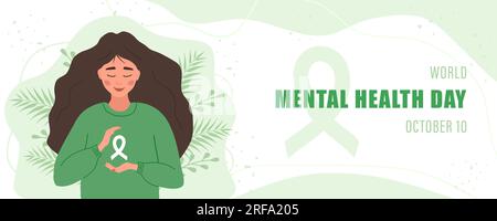 Weltbanner für den Tag der psychischen Gesundheit. Glückliche Frau mit Band. Jährliche internationale Gesundheitskampagne. Vektordarstellung im flachen Cartoon-Stil Stock Vektor