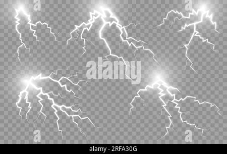 Blitzeffekt von Gewitter, Gewitterschlag, elektrischem Funken oder Blitzschlag, realistischer Vektor. Elektrische Ladung von Donner-, Licht- oder Blitzlicht für fx-animierte Effekte Stock Vektor